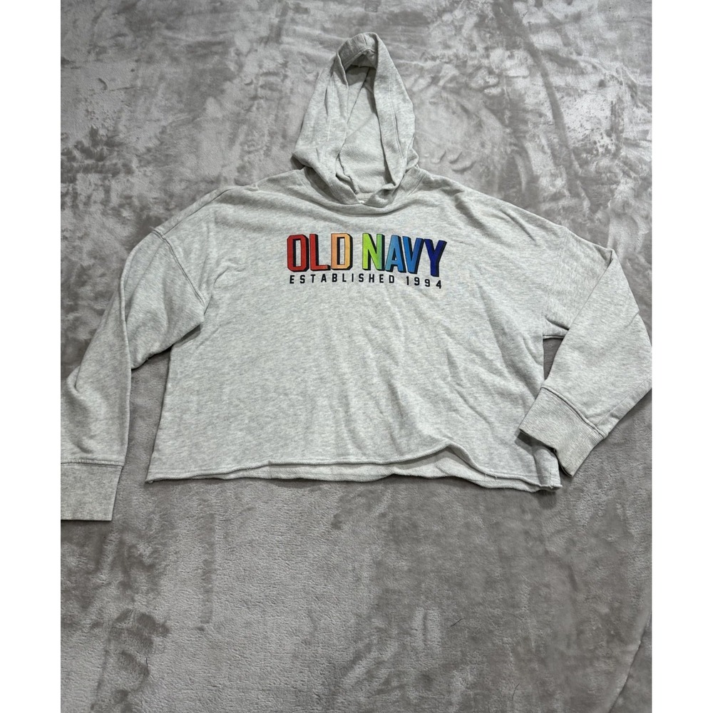 Old Navy Hoodie Girls Size Large Gray Long Sleeve Cropped Front‎ Print Hooded